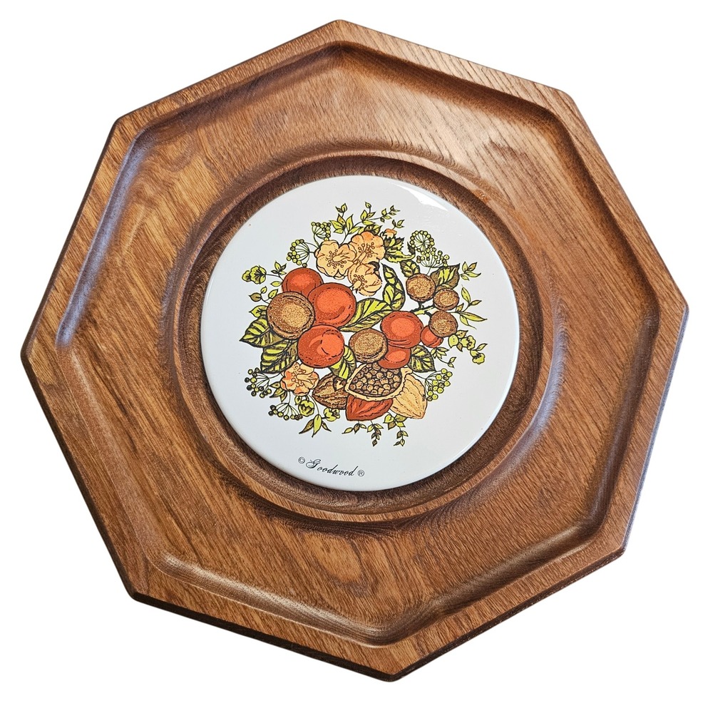 MCM Vintage Goodwood Octagon Wood Cheese Board Ceramic‎ Fruit Nut Inlay Japan 70